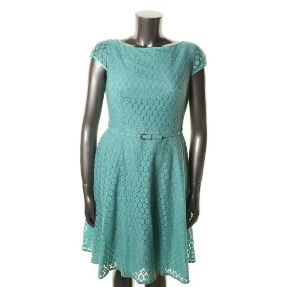 Evan Picone Womens Green Lace A-Line Knee-Length Wear to Work Dress